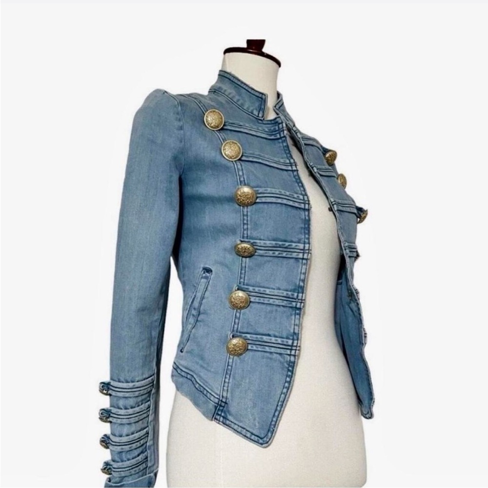 Free People Fitted Military Denim Jacket in Indigo Blue